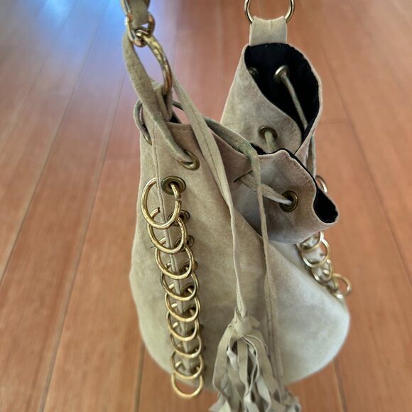 Vintage One of a Kind Made in USA Leather Chain Bucket Bag w/ Rings Grommets - Picture 14 of 17